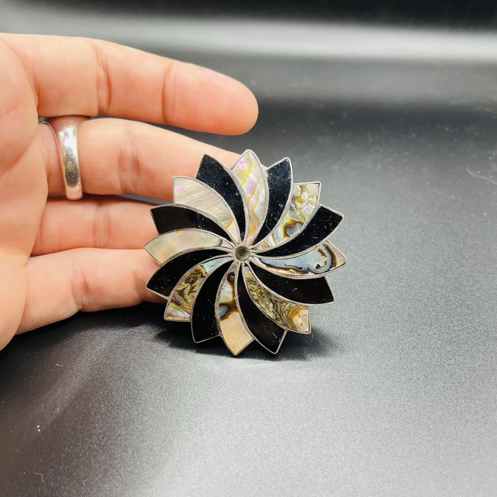 Vintage Taxco Sterling Silver Abalone Black Onyx Sunburst Brooch Art Deco 13g