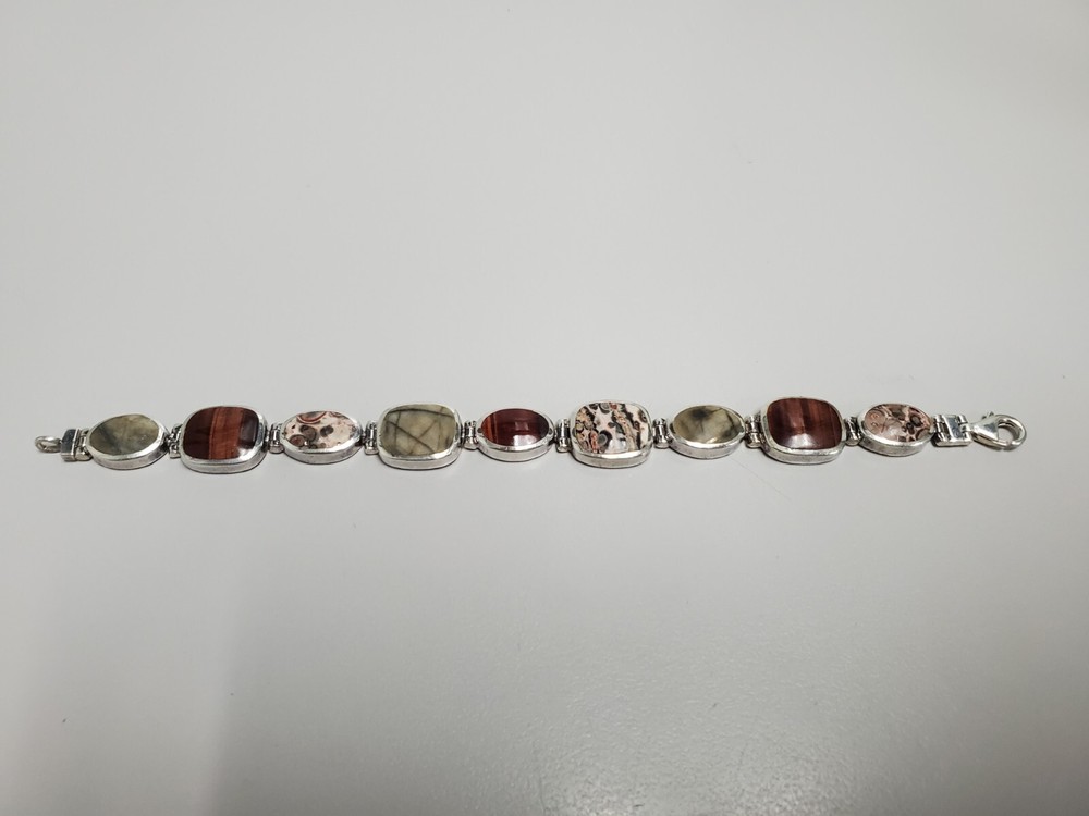 Vintage Red tiger’s eye & Ocean Jasper 925 Silver Bracelet Women 7″ 30g