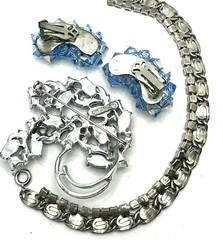 Lot Blue Sarah Coventry Marquise Cab Brooch AB Earrings & Silver Tone Bracelet