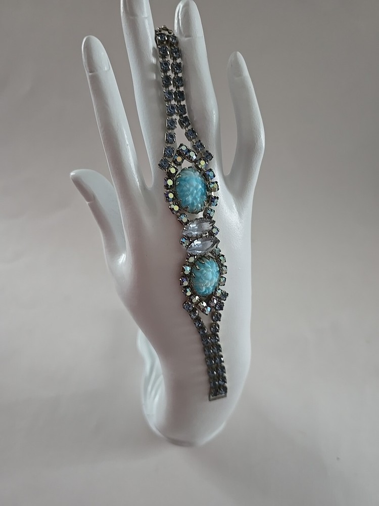 1950s Aurora Borealis AB Rhinestone & Blue Molded Glass Bracelet 7.25″