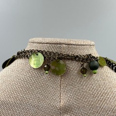 Green Beaded Charm Necklace Double Strand Antique Brass Tone Dangle Disc Boho