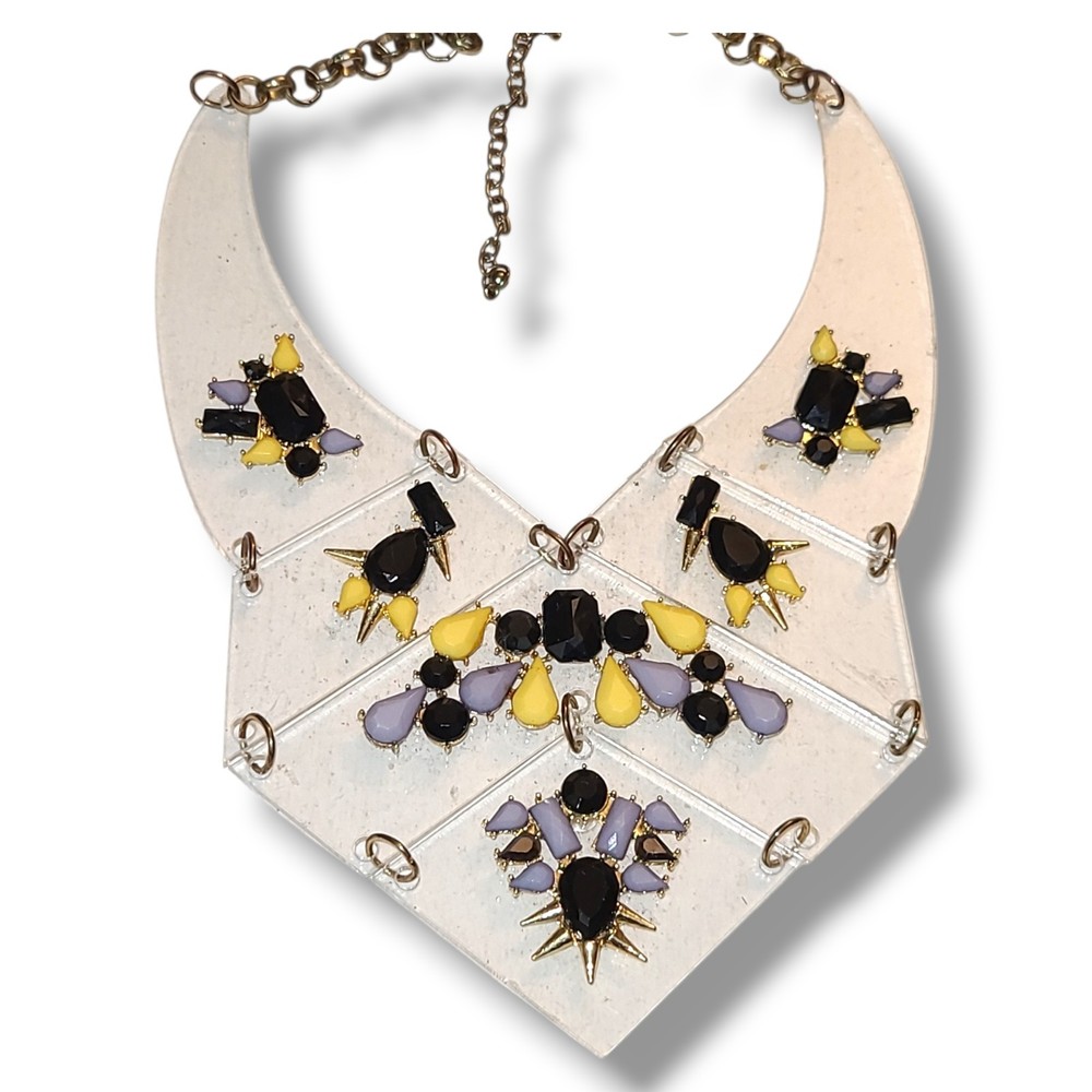 Stradivarius Clear Lucite Bib Statement Necklace Black Yellow Lavender VTG