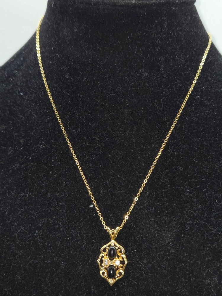 Vintage 1970s G.E.P Lind Pendant Goldtone Metal Onyx White CZ Faceted Stones