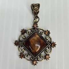 Vintage Filigree Pendant Brass Amber Brown Cabochon Victorian Style Jewelry