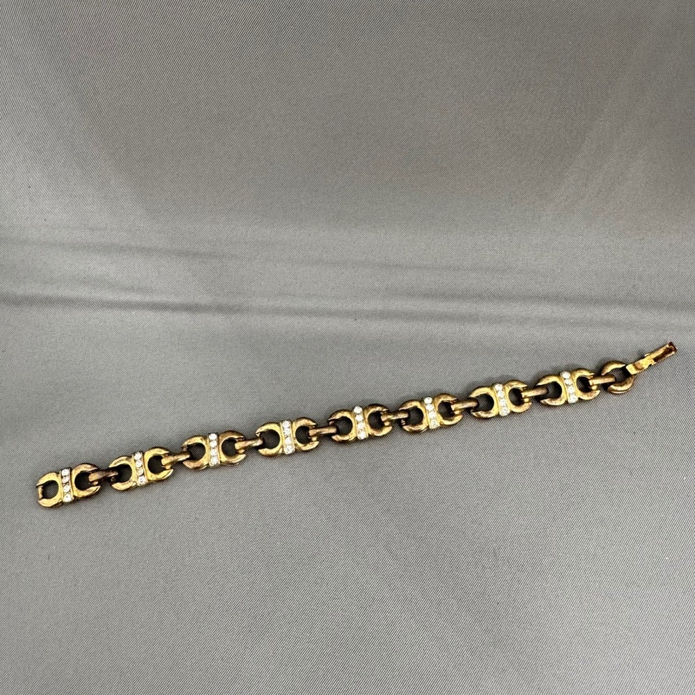 Vintage Gold Tone Rhinestone Scroll Link Bracelet 7.5 Inch Fold Over Clasp