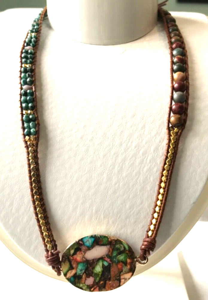 Vintage Boho Leather Faux Turquoise Stone necklace