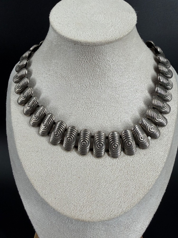 Vintage Brutalist Silver Tone Spiral Statement Necklace Modernist Chunky 15.5″