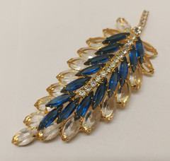 Juliana D&E DeLizza Elster Feather Leaf Brooch Blue Navette Clear Rhinestones 4′