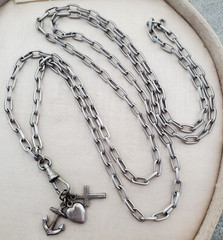 Antique Victorian Love Faith Hope Fob Charm Watch Chain 33″ Necklace Dog Clip