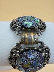Vtg Judy Lee Peacock Carnival Art Glass Panel Bracelet Renaissance Revival