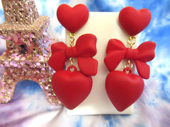 Baroque Style Stunning RED Hearts with RED Bow Pierced Valentine Earrings NEW