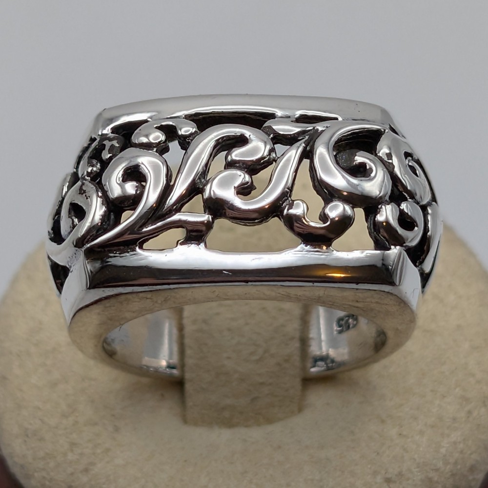 Vintage 925 Sterling Silver Filigree Scroll Openwork Statement Signet Ring 5.5