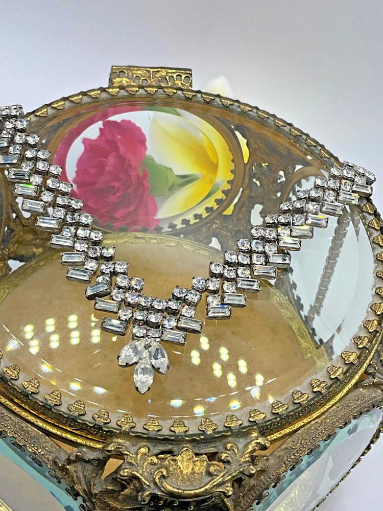 Vintage Unsigned Clear Rhinestone Statement Necklace Baguette & Round Crystal