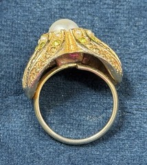 Vintage Cocktail Dome Ring Adjustable Pearls Green Rhinestones Gold Tone Size 7