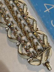 ART Deco Vintage Rhinestone Multi Strand Stack Bracelet Gold White Bead Enamel
