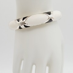 Black White Geometric Abstract Enamel Print Silver Tone Hinged Bangle Bracelet