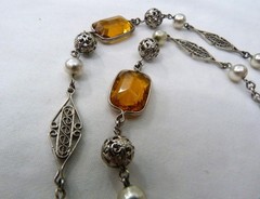 ANTIQUE VINTAGE ART DECO CZECH BEZEL-SET CITRINE GLASS FAUX PEARL BEADS NECKLACE