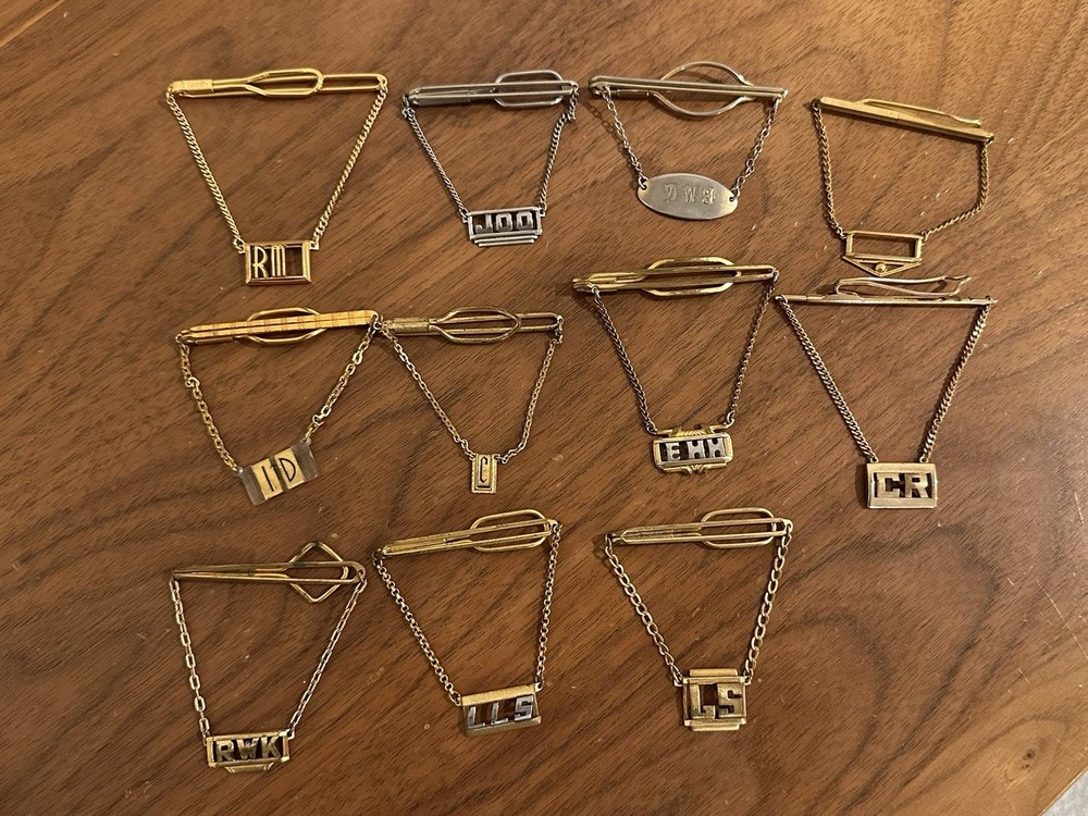 Lot Mid Century Modern Art Deco Vintage Men’s Tie Bars Chains Initials Monogram