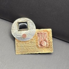 Vintage Kim Modernist Mixed Metals Brooch Copper Brass Silver Black Onyx Pin