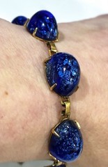 VTG CZECH 60s POURED Cobalt Foiled GLASS Hi Dome BULLET CABOCHON Panel BRACELET