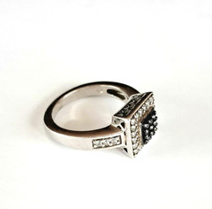 Vintage Sterling Silver Black Clear Square Cushion Diamond Ring