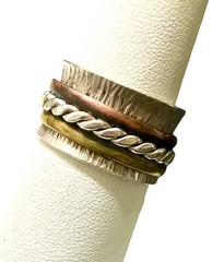 Vtg Modernist 925 Sterling Silver Brass Copper Triple Spinner Band Ring Size 8