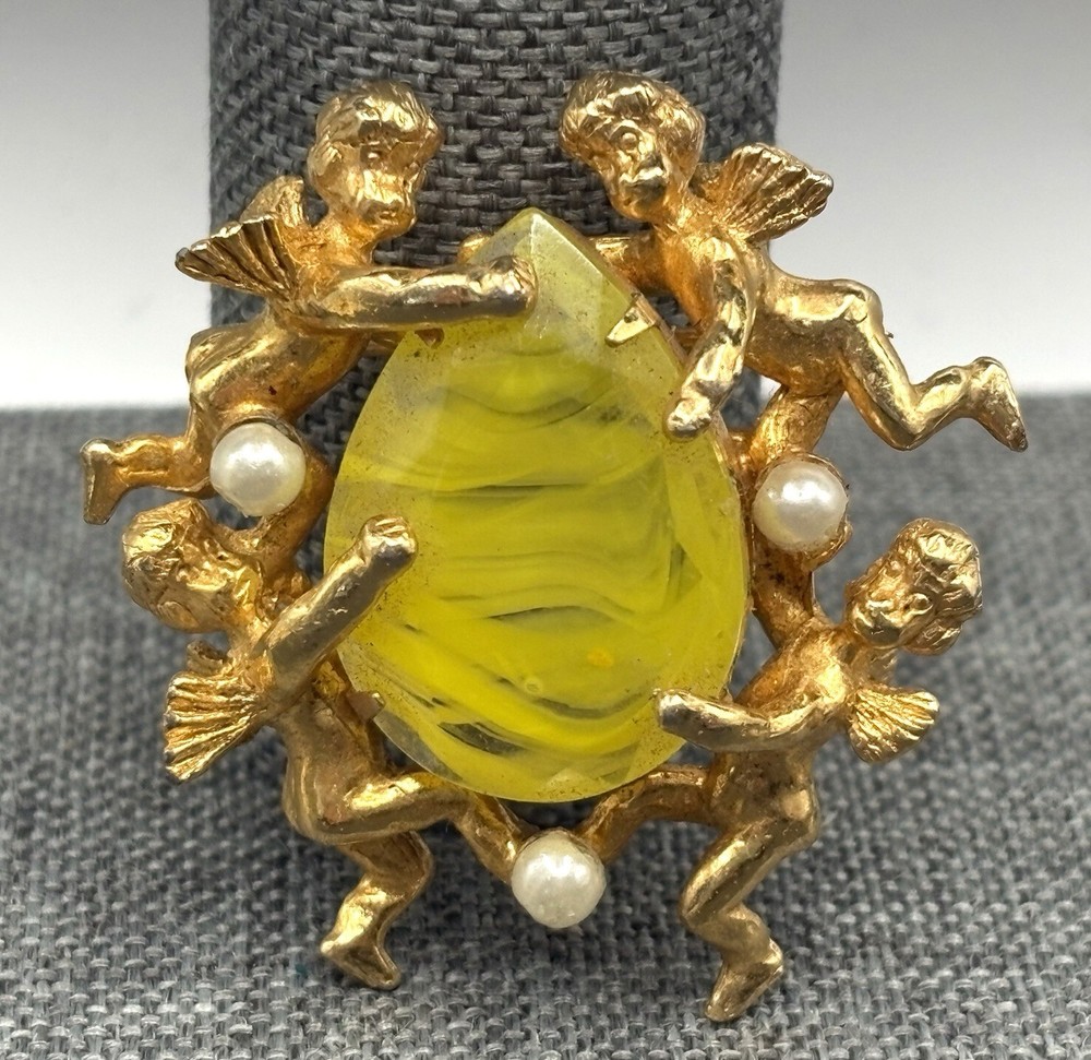 Vintage Jeanne Brooch Cherub Angel Marbled Swirl Yellow Rhinestone Nouveau Style