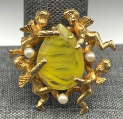 Vintage Jeanne Brooch Cherub Angel Marbled Swirl Yellow Rhinestone Nouveau Style