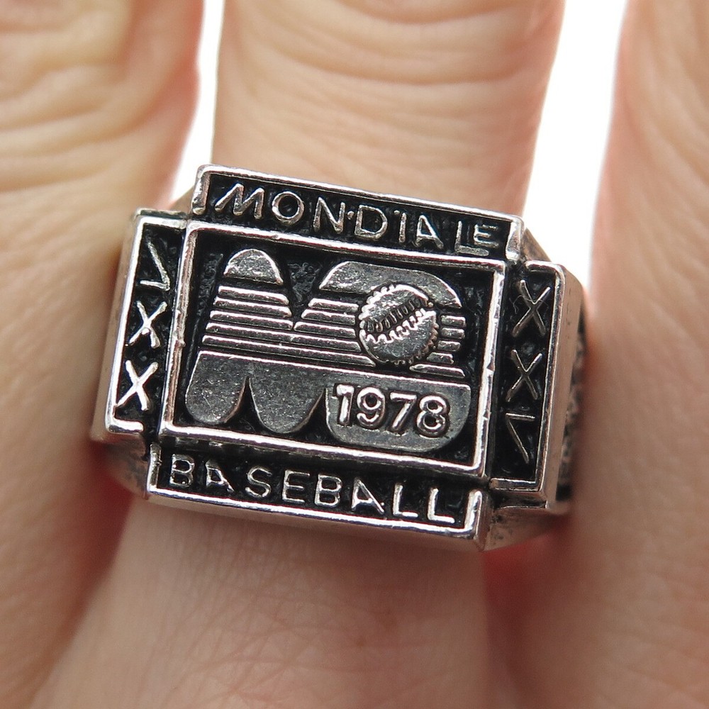 925 Sterling Silver Vintage 1978 Mondiale Baseball Oxidized Ring Size 11.75