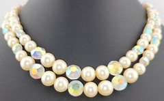 Vintage Marvella Signed 2 Strand Lucite Pearl AB Crystal Waterfall Necklace 16″