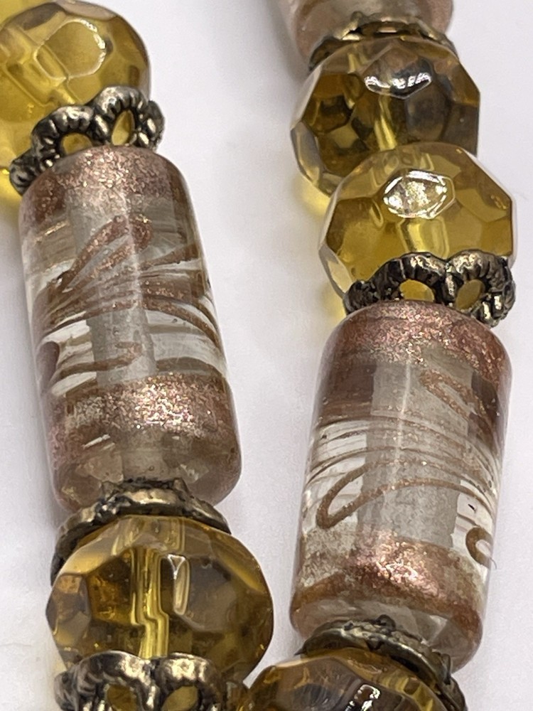Vintage Glass Bead Necklace Gold Tone Lampwork Foiled Faceted Honey 20 1/2″