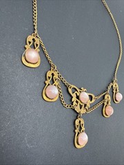 Antique Pink Moonstone Festoon Necklace Gold Tone 14” J114