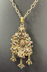 Vintage 60s Hollycraft Ornate Rhinestone Necklace Pendant Yellow Brown Gold Tone