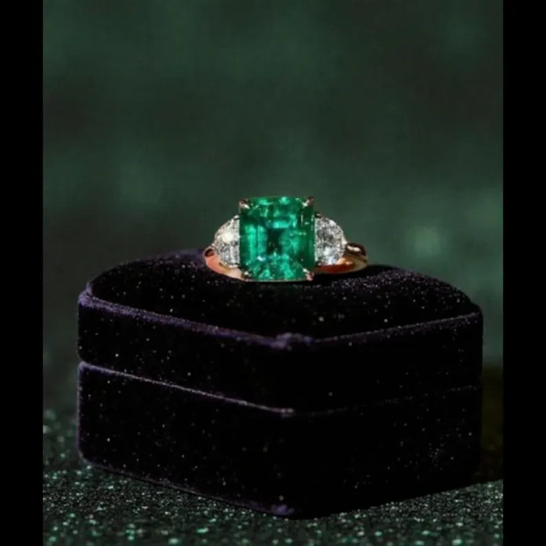 4.10 Ct Natural Emerald Art Deco Vintage Engagement Ring 14K Yellow Gold Over