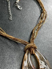 Vintage Large Gold & White Glass Pendent 16” Cord Necklace