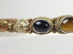 Vintage Braided Mixed Metals Bangle Bracelet Blue Goldstone Tiger Eye Stone Cuff
