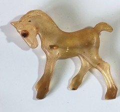 Vintage Early Plastic (Lucite?) Amber Foal Colt Young Horse Brooch 2.25″