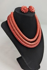Vtg MCM 3 Strand Japan OMBRE Orange Coral Red Beads NECKLACE Clip EARRINGS SET