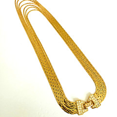 Vtg Nolan Miller Necklace Liquid Multi-Strand Necklace Rhinestone Buckle Gold