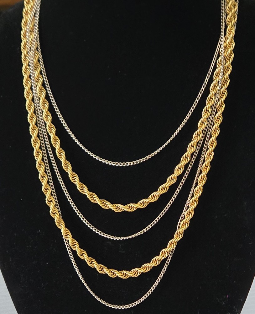 Vintage Gold Silver Tone Multi Strand Rope Chain Statement Necklace 1980s