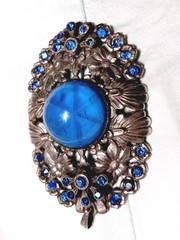 Art Deco Pendant Blue Focal W Rhinestone Accents Silver Tone Pot Metal Floral
