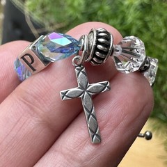 VTG Charm Bracelet Size 7 Block Letter Cross Glass Beads Colorful Sterling 18.7g