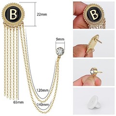Gold and Silver Tone Initial Chain Brooch Laple Pin for Men Suits, Metal Gold-B