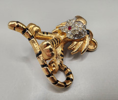 Vintage JOMAZ Tiger Brooch Signed Joseph Mazer Rhinestone Enamel Gold Tone Pin