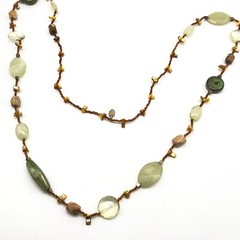 Vintage Green Glass Stone & Mother Of Pearl Beaded Long Strand Necklace 46″