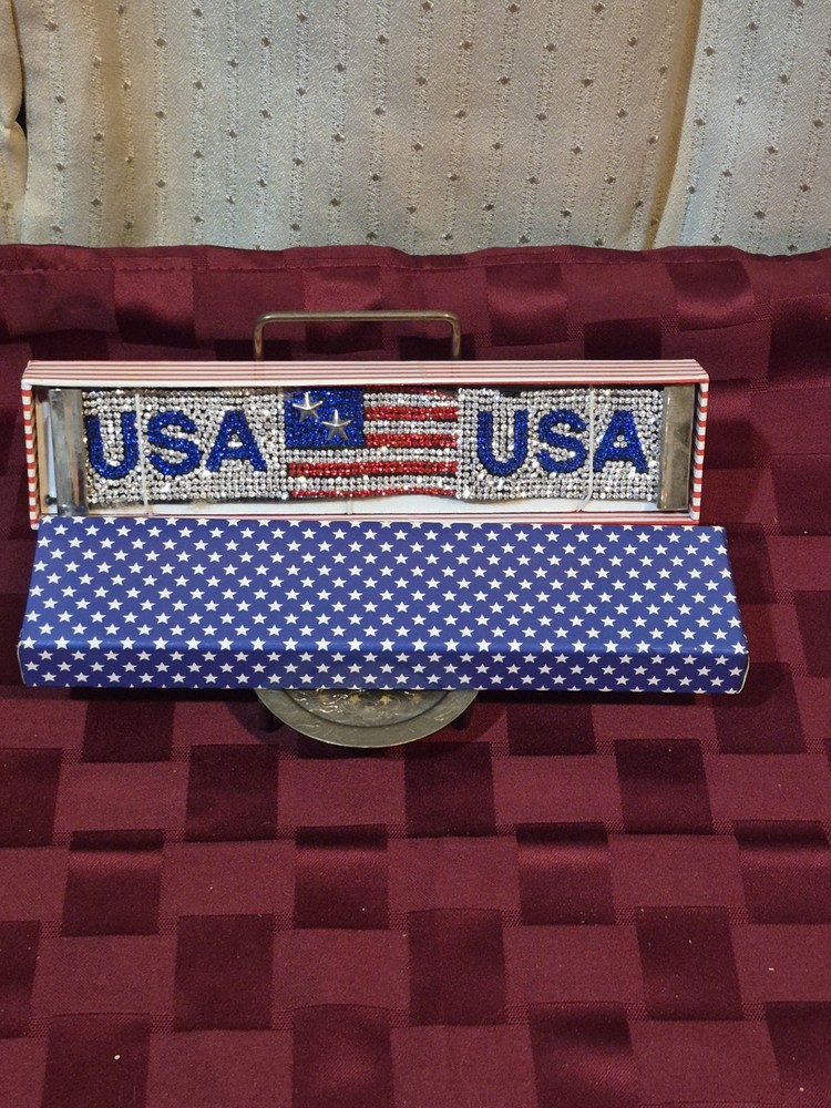 Vintage USA Flag Rhinestone Cuff Bracelet Red White Blue Patriotic 4th of July