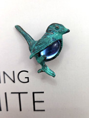 Wonderful Green Bird Brooch/Pin with Blue Glass Stone Set in Oxydated Metal