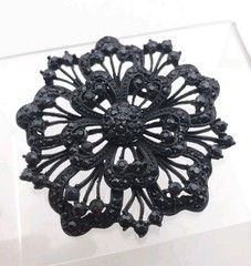 Vintage HUGE JET Black Japanned RHINESTONES Mourning BROOCH PIN FLOWER 2.5″