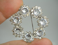 1.5″ elegant bridal rhinestone STERLING BROOCH PIN 7 big crystal clear jewels