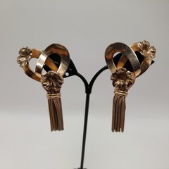 Vintage 1950s Gold Tone Tassel Clip Earrings with Flowers, 2.5 Inches